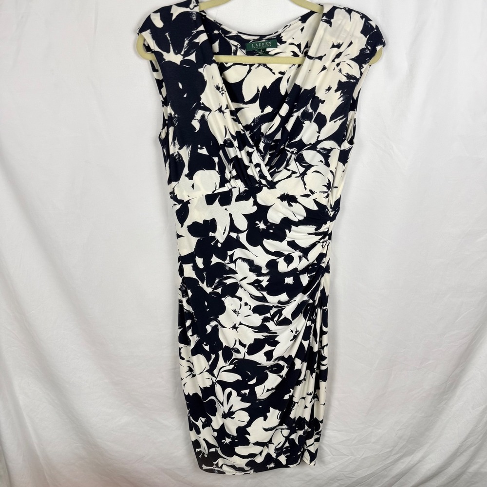 Lauren Ralph Lauren Black & White Ruched Bodycon Midi Dress 6 Cocktail Party